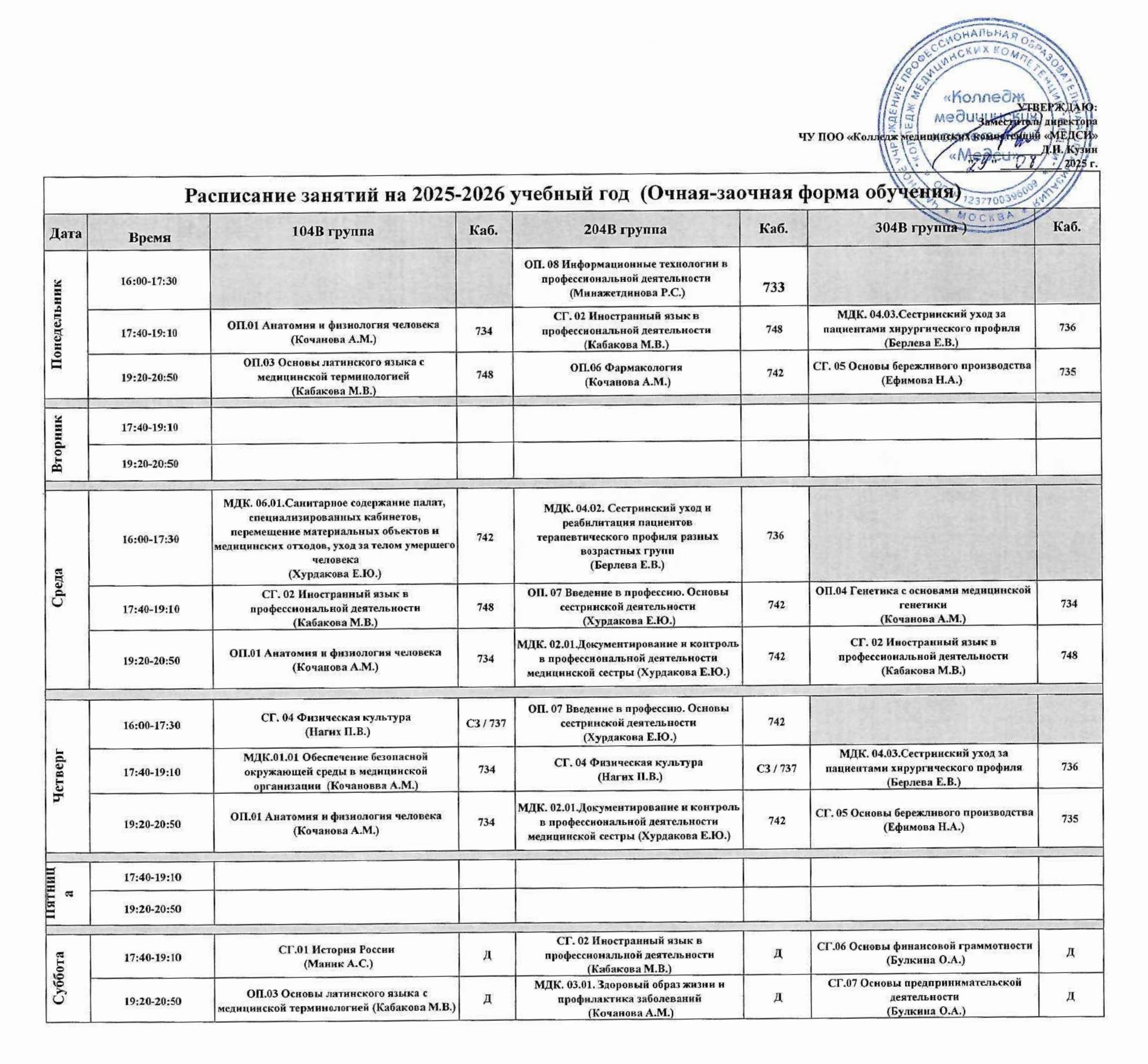 Расписание занятий